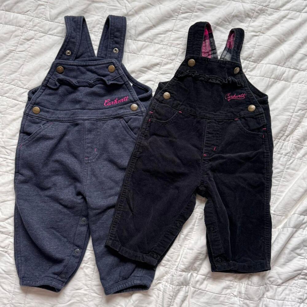 Carhartt Baby girls 6-9 & 9-12 month overalls lot of 2 black navy pants corduroy